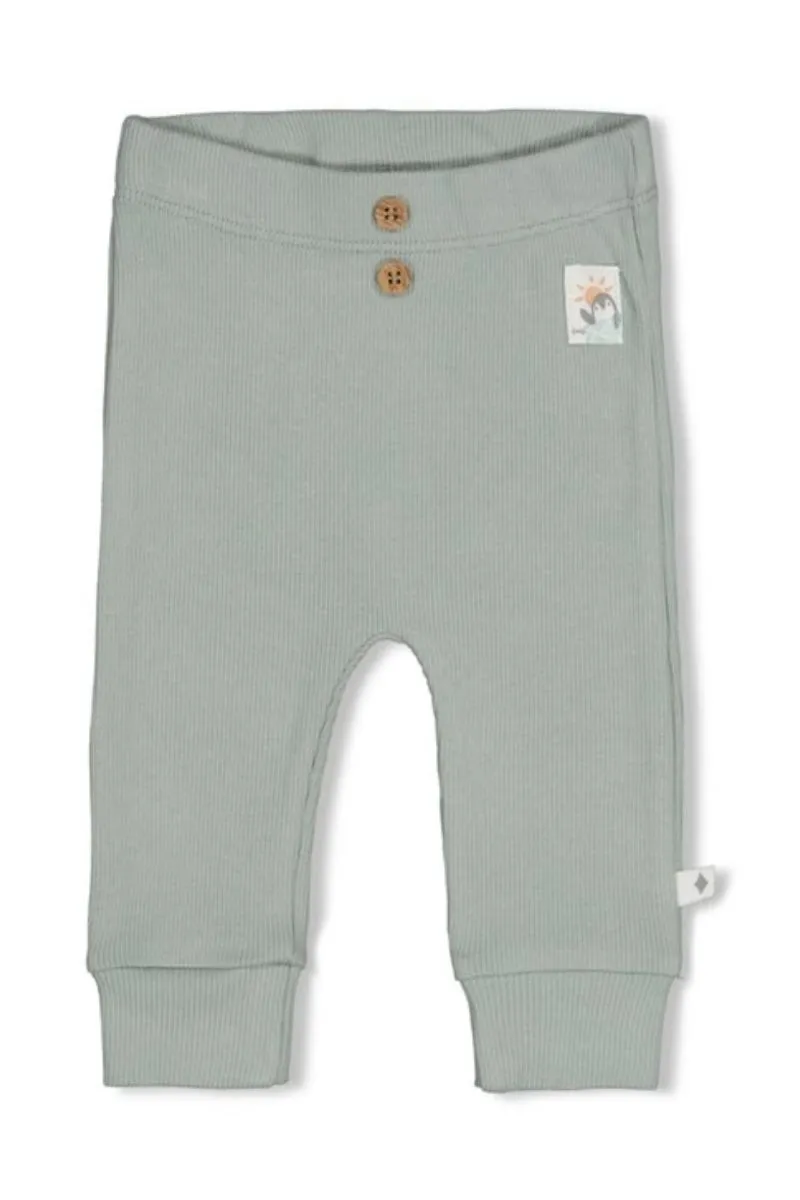 Feetje Broek Rib Penguin Cuddles zeegroen, geribbelde babybroek met pinguïnprint